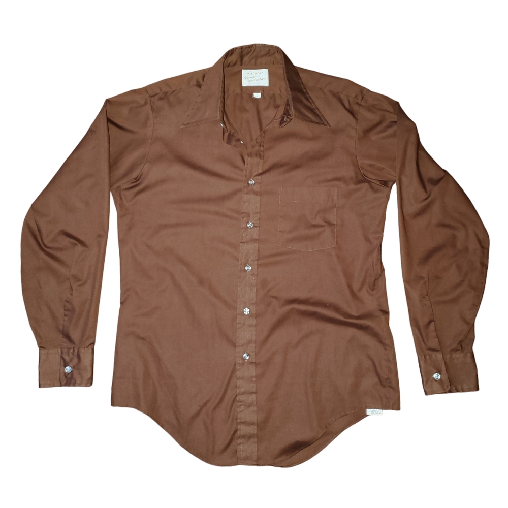 Vintage 70s Arrow Kent Collection Retro Button Up Dress Shirt Brown Slim 15.5 35